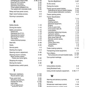 May include: A black and white printed index page from a technical manual, labeled Section 9, listing topics alphabetically from Rear power take-off to Worklamp/beacon switch panel with corresponding page numbers in a two-column layout.
