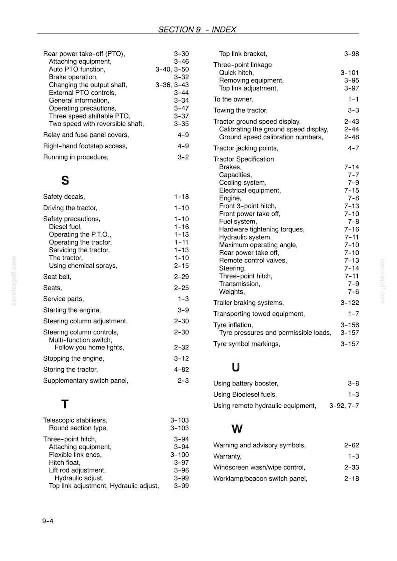 May include: A black and white printed index page from a technical manual, labeled Section 9, listing topics alphabetically from Rear power take-off to Worklamp/beacon switch panel with corresponding page numbers in a two-column layout.