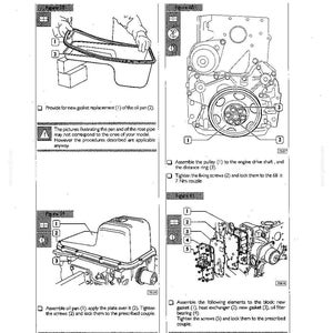 May include: Technical diagram from a manual showing engine assembly instructions. The illustrations include diagrams of engine components, including an oil pan, pulley, and various gaskets. Text instructions accompany the diagrams, detailing assembly steps and torque specifications.