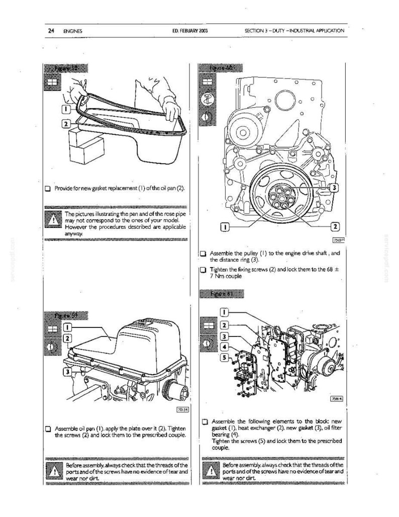 May include: Technical diagram from a manual showing engine assembly instructions. The illustrations include diagrams of engine components, including an oil pan, pulley, and various gaskets. Text instructions accompany the diagrams, detailing assembly steps and torque specifications.