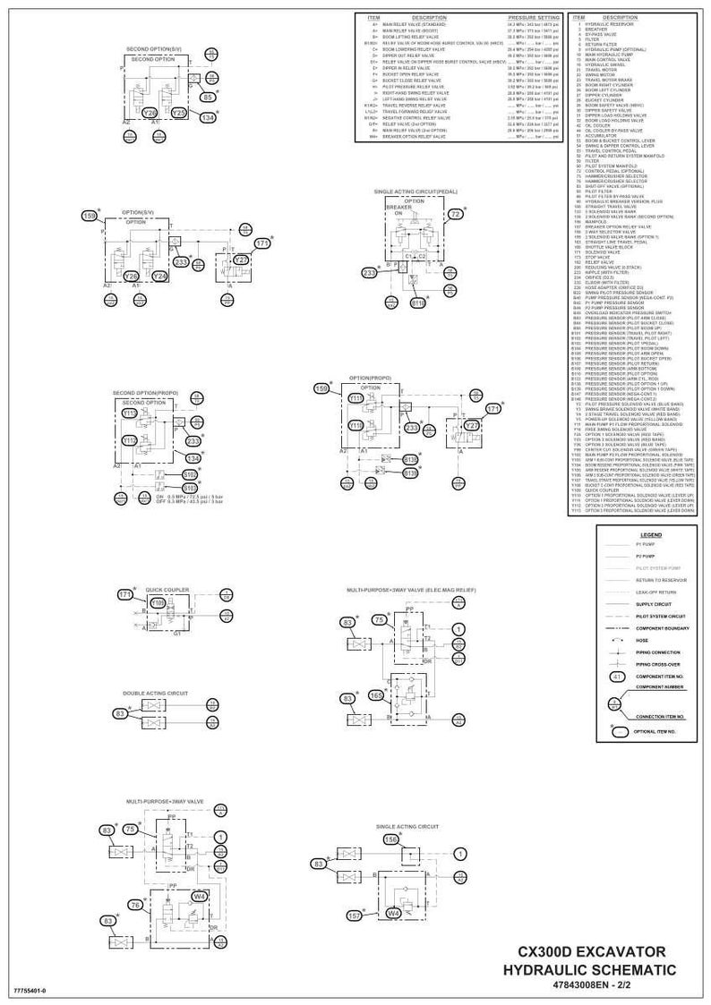 May include: A detailed hydraulic schematic for a CX300D excavator, featuring multiple circuit diagrams and component labels. The diagram includes various valve configurations, pressure settings, and a legend for easy interpretation. The document is labeled 47843008EN-2/2.