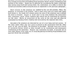 May include: A page from a technical manual with black text on a white background. The text describes electrical armature repair, including open circuits, short circuits, and grounding issues. The page number is VIII-35.