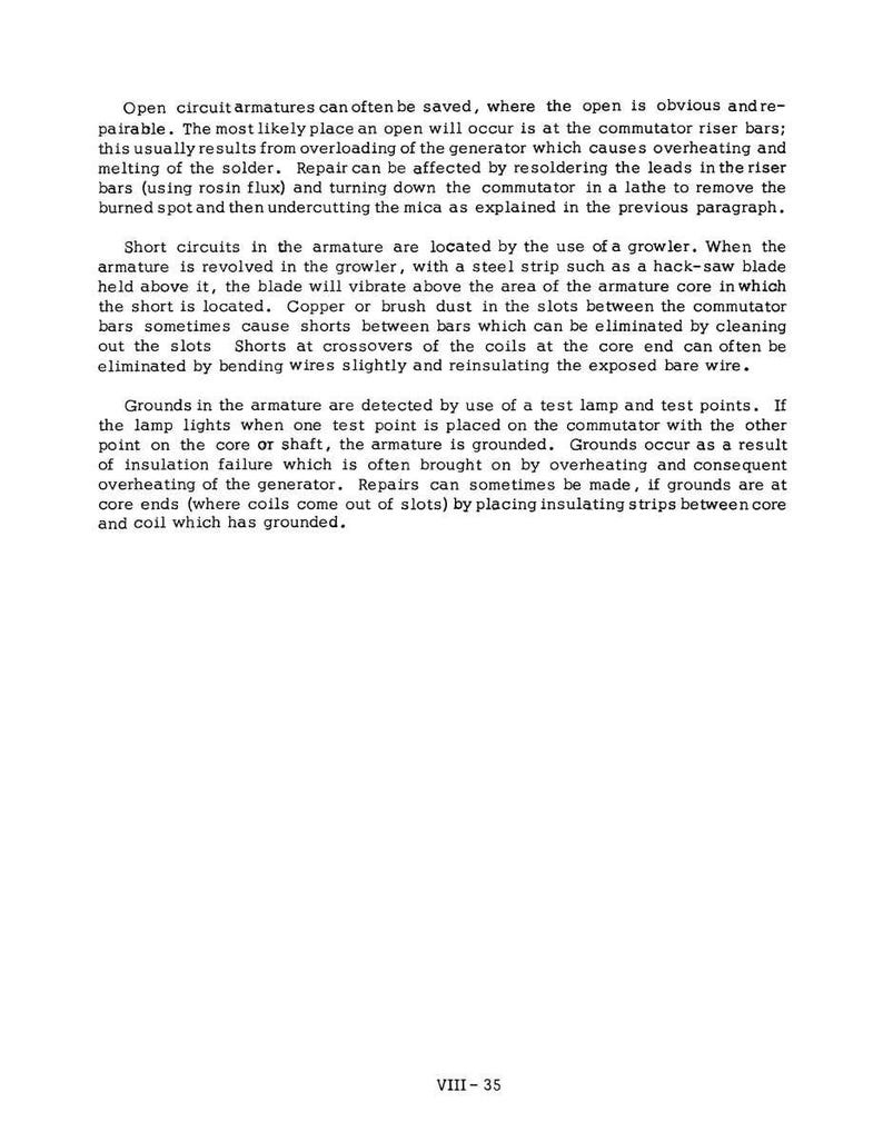 May include: A page from a technical manual with black text on a white background. The text describes electrical armature repair, including open circuits, short circuits, and grounding issues. The page number is VIII-35.