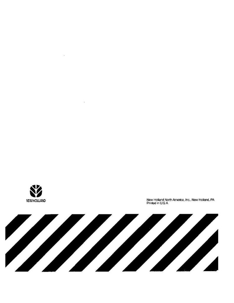 May include: A white document cover featuring the New Holland logo in the bottom left corner. The bottom section displays a black and white diagonal striped pattern. Text in the bottom right reads: New Holland North America, Inc., New Holland, PA. Printed in USA.