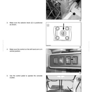 May include: Image from an operating manual showing instructions for a concrete crusher. The manual includes diagrams of selector blocks, control panels, and foot pedals. Text includes "SECTION 5 - OPERATING INSTRUCTIONS".