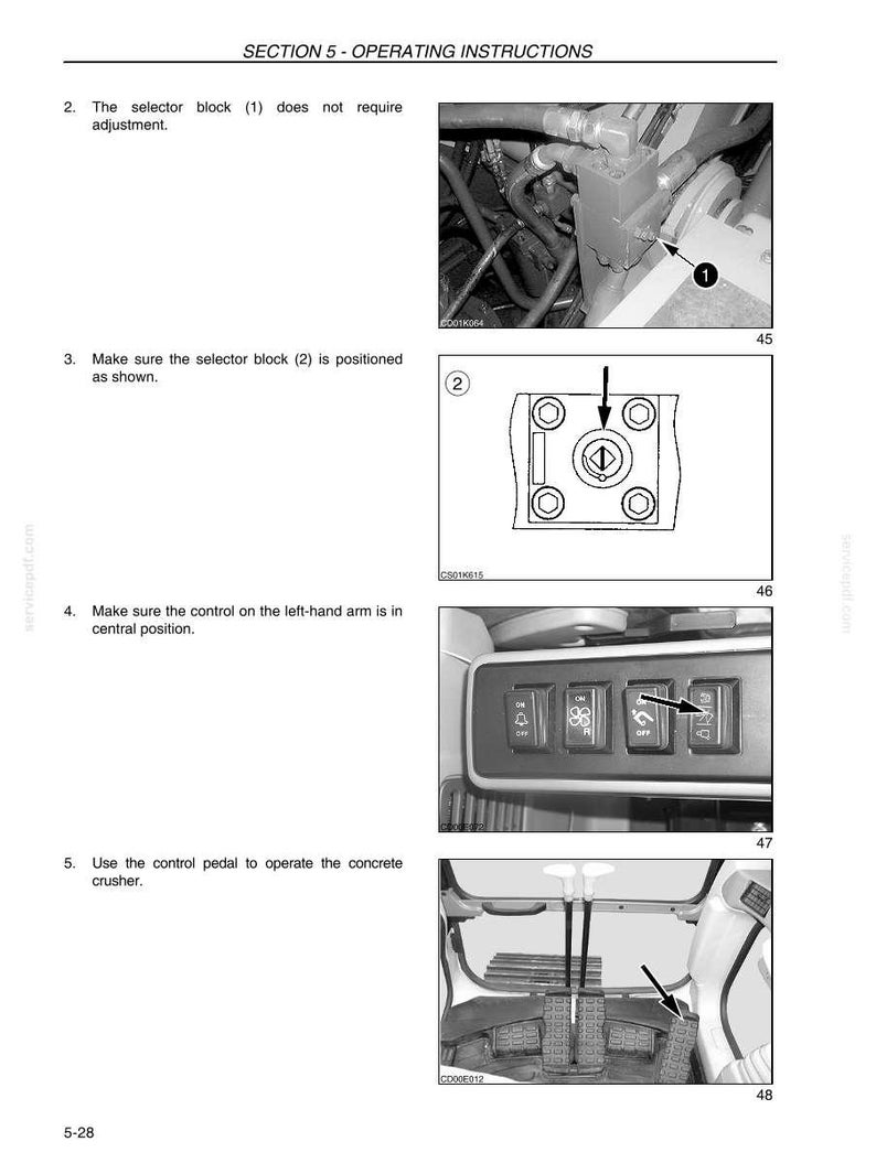 May include: Image from an operating manual showing instructions for a concrete crusher. The manual includes diagrams of selector blocks, control panels, and foot pedals. Text includes "SECTION 5 - OPERATING INSTRUCTIONS".