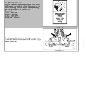 May include: A safety information page with a warning about rotating parts. The image includes a warning symbol and text indicating an entanglement hazard. The text also provides instructions to stop the engine before servicing.