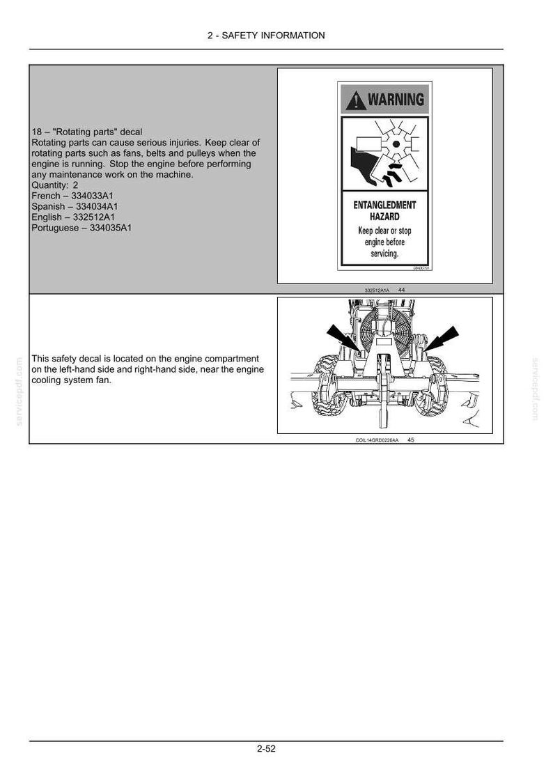 May include: A safety information page with a warning about rotating parts. The image includes a warning symbol and text indicating an entanglement hazard. The text also provides instructions to stop the engine before servicing.
