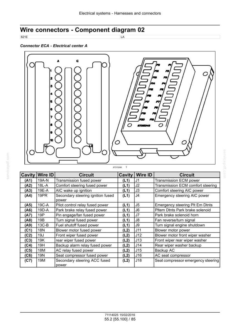 May include: A component diagram 02 for wire connectors, detailing electrical circuits. It includes a schematic of the ECA electrical centre A, with wire IDs and circuit descriptions. The diagram is in black and white.