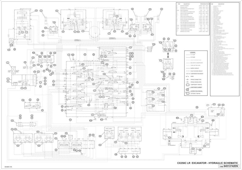 Puede incluir: Un diagrama esquem&aacute;tico hidr&aacute;ulico en blanco y negro detallado para una excavadora CX250C LR. El diagrama incluye numerosas l&iacute;neas, s&iacute;mbolos y etiquetas, con una leyenda y una lista de piezas. El texto en la parte inferior dice "CX250C LR EXCAVATOR - HYDRAULIC SCHEMATIC" y "Lap 84513742EN".