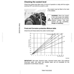 May include: A technical manual page titled LUBRICATION / MAINTENANCE with instructions for checking coolant levels. It includes a black and white photograph of a radiator cap, a warning box about scalding, and a Frost and Corrosion protection mixture table with a graph showing liters versus temperature in Celsius.