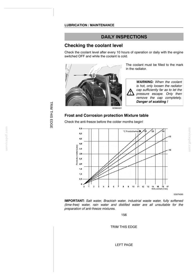 May include: A technical manual page titled LUBRICATION / MAINTENANCE with instructions for checking coolant levels. It includes a black and white photograph of a radiator cap, a warning box about scalding, and a Frost and Corrosion protection mixture table with a graph showing liters versus temperature in Celsius.
