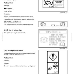 Puede incluir: Una p&aacute;gina de documento t&eacute;cnico titulada 2-SAFETY INFORMATION que muestra cuatro se&ntilde;ales de seguridad con texto e iconos negros. Incluye advertencias sobre riesgos de aplastamiento, la palanca del freno de mano, aceite de frenos y lavado a presi&oacute;n.