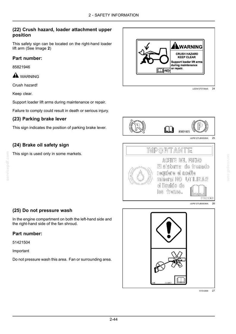 Puede incluir: Una p&aacute;gina de documento t&eacute;cnico titulada 2-SAFETY INFORMATION que muestra cuatro se&ntilde;ales de seguridad con texto e iconos negros. Incluye advertencias sobre riesgos de aplastamiento, la palanca del freno de mano, aceite de frenos y lavado a presi&oacute;n.