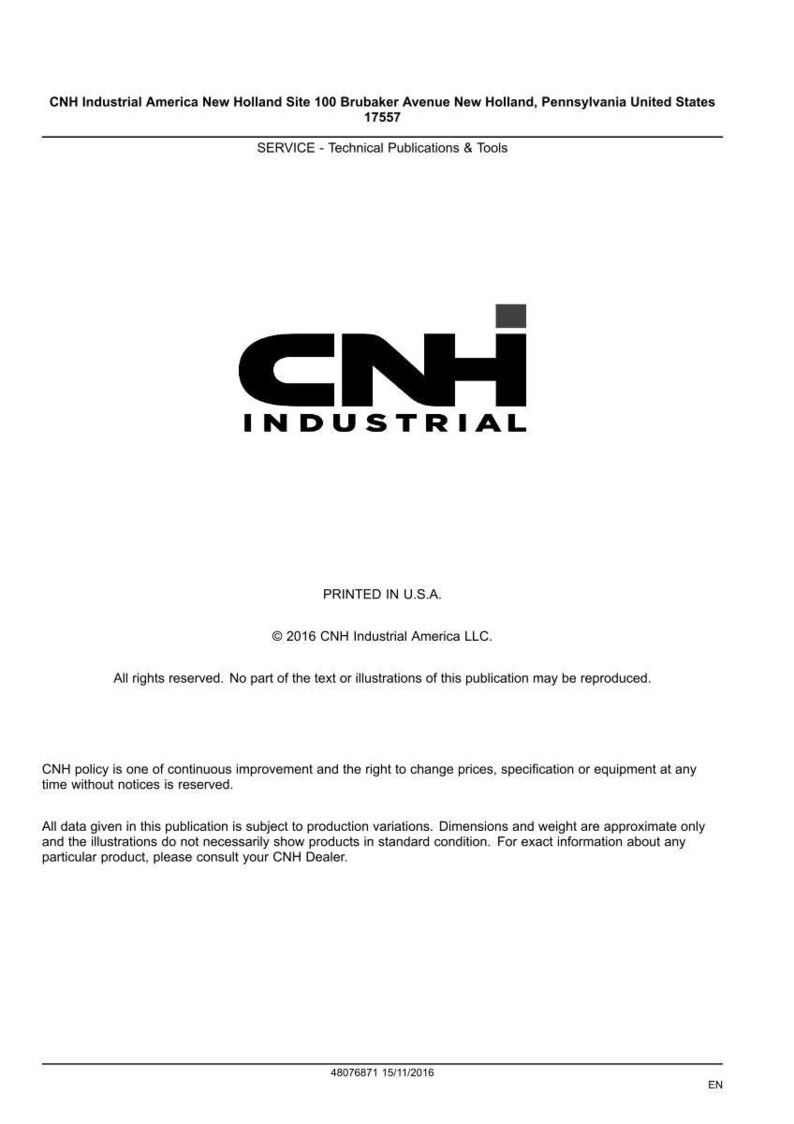 Peut inclure: Document blanc avec le texte noir "CNH INDUSTRIAL" et le logo CNH. Le document comprend le texte "PRINTED IN U.S.A." et des informations sur le droit d'auteur pour CNH Industrial America LLC. Texte suppl&eacute;mentaire fournissant des informations techniques.