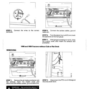 May include: Diagram showing electrical equipment and fuel tank unit with tractor maintenance instructions. Includes steps for connecting wires, battery cables, and PTO clutch linkage. Warning about hot exhaust.