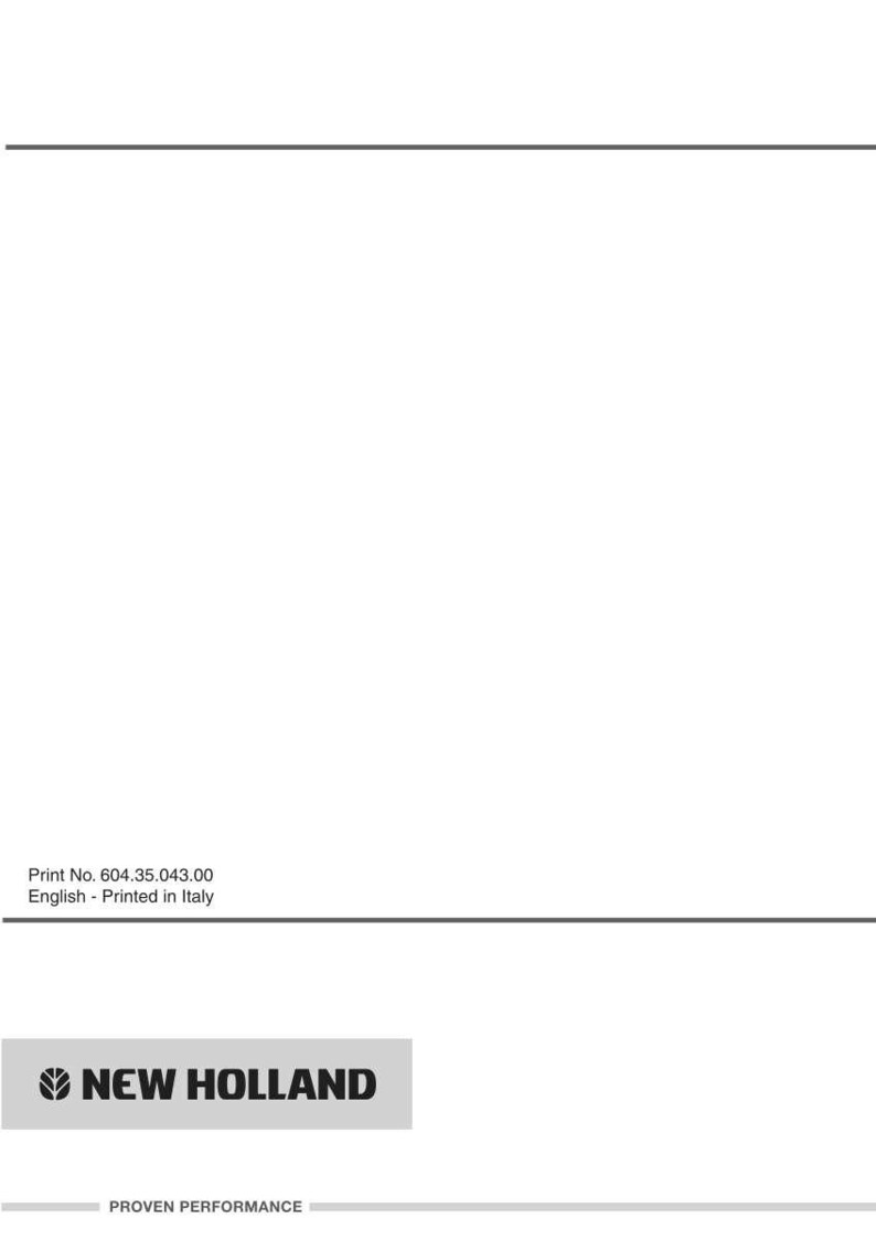 K&ouml;nnte beinhalten: Ein wei&szlig;es Dokumentencover mit dem New Holland-Logo in schwarzem Text und einem Blattsymbol. Unter dem Logo steht der Text PROVEN PERFORMANCE. Unten links steht der Text Print No. 604.35.043.00 English - Printed in Italy.