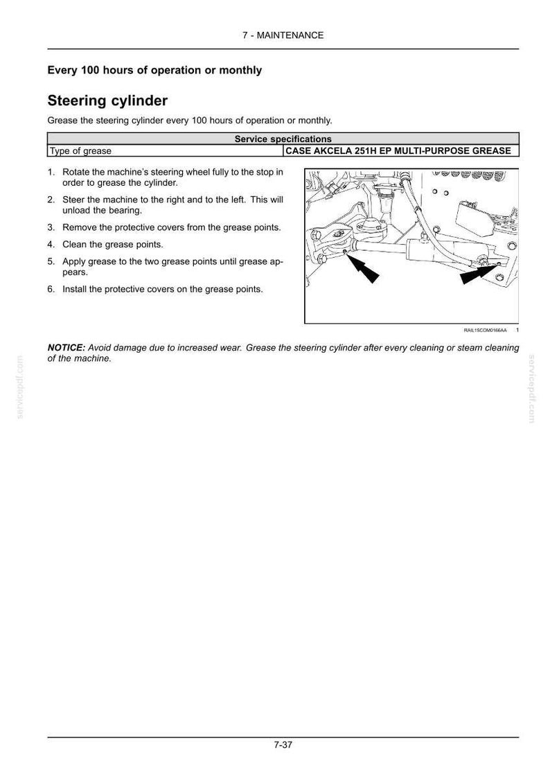 Puede incluir: Una p&aacute;gina de un manual de mantenimiento que detalla el proceso de engrase de un cilindro de direcci&oacute;n. El texto incluye instrucciones sobre c&oacute;mo aplicar grasa a los puntos de engrase. La imagen tambi&eacute;n muestra un diagrama del cilindro de direcci&oacute;n con flechas que apuntan a los puntos de engrase.
