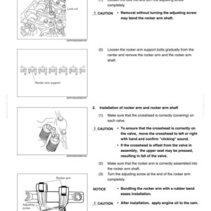 May include: Diagram of an engine's valve system overhaul, with detailed illustrations and instructions. Includes images of rocker arms, lock nuts, and adjusting screws. Text includes "Removal of rocker arm and rocker arm shaft" and "Installation of rocker arm and rocker arm shaft."