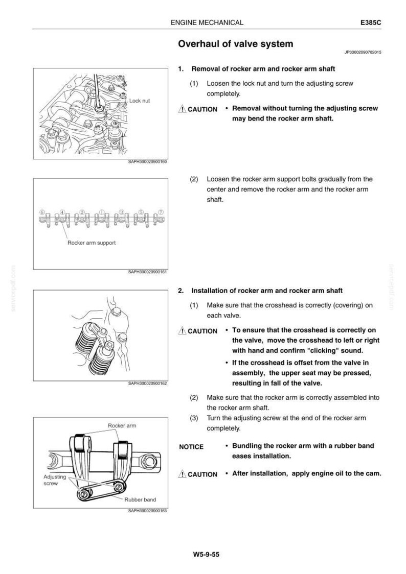 May include: Diagram of an engine's valve system overhaul, with detailed illustrations and instructions. Includes images of rocker arms, lock nuts, and adjusting screws. Text includes "Removal of rocker arm and rocker arm shaft" and "Installation of rocker arm and rocker arm shaft."