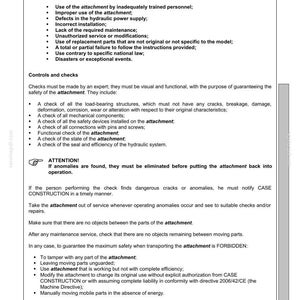 May include: A page from a manual with the CASE logo, titled "Hydraulic Shear." The document details safety instructions, including checks, warnings, and prohibited actions related to the attachment. Text is in black and white.
