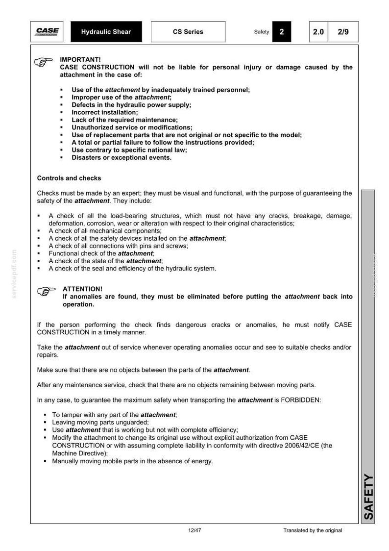 May include: A page from a manual with the CASE logo, titled "Hydraulic Shear." The document details safety instructions, including checks, warnings, and prohibited actions related to the attachment. Text is in black and white.