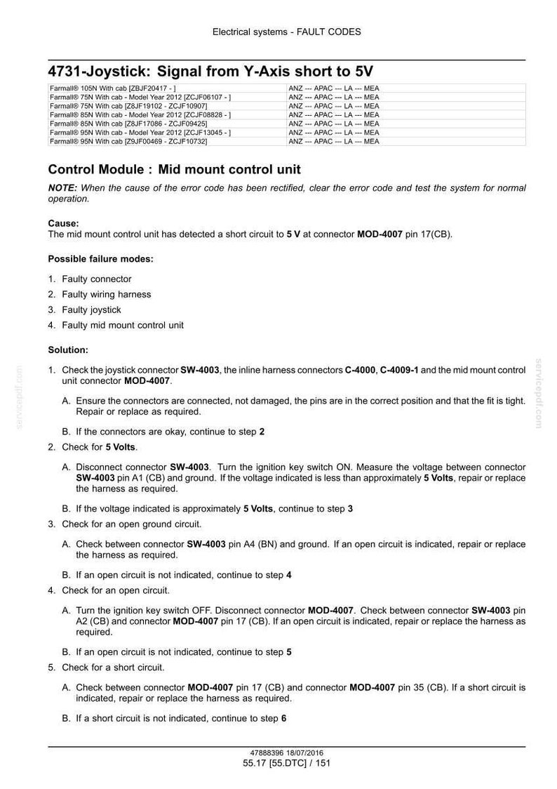 Pu&ograve; includere: Documento tecnico intitolato "4731-Joystick: Segnale dall'asse Y in corto a 5V". Dettaglia codici di errore, possibili guasti e soluzioni per un'unit&agrave; di controllo centrale, comprese verifiche dei connettori e della tensione. Include data e numero di pagina.