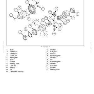 Puede incluir: Diagrama de un sistema de eje trasero con un juego de engranajes c&oacute;nicos y diferencial. La imagen muestra una vista explosionada de los componentes, incluyendo medias cajas, engranajes c&oacute;nicos, arandelas y conos de rodamiento. El diagrama est&aacute; etiquetado para la identificaci&oacute;n de componentes.