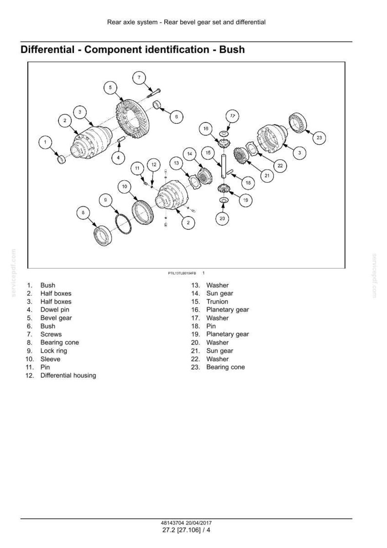 Puede incluir: Diagrama de un sistema de eje trasero con un juego de engranajes c&oacute;nicos y diferencial. La imagen muestra una vista explosionada de los componentes, incluyendo medias cajas, engranajes c&oacute;nicos, arandelas y conos de rodamiento. El diagrama est&aacute; etiquetado para la identificaci&oacute;n de componentes.
