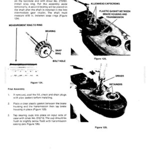 May include: A page from a repair manual showing diagrams and instructions for disassembly and repair. The diagrams include labeled parts such as bearings, snap rings, and bolt holes. Text includes measurements in inches and assembly steps.