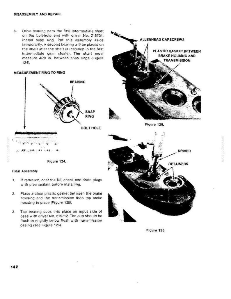 May include: A page from a repair manual showing diagrams and instructions for disassembly and repair. The diagrams include labeled parts such as bearings, snap rings, and bolt holes. Text includes measurements in inches and assembly steps.