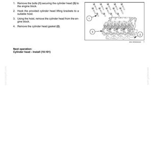 May include: Diagram of an engine cylinder head removal process. The image includes a detailed illustration of the cylinder head, bolts, and gasket, with numbered labels for each component. Text instructions accompany the diagram.