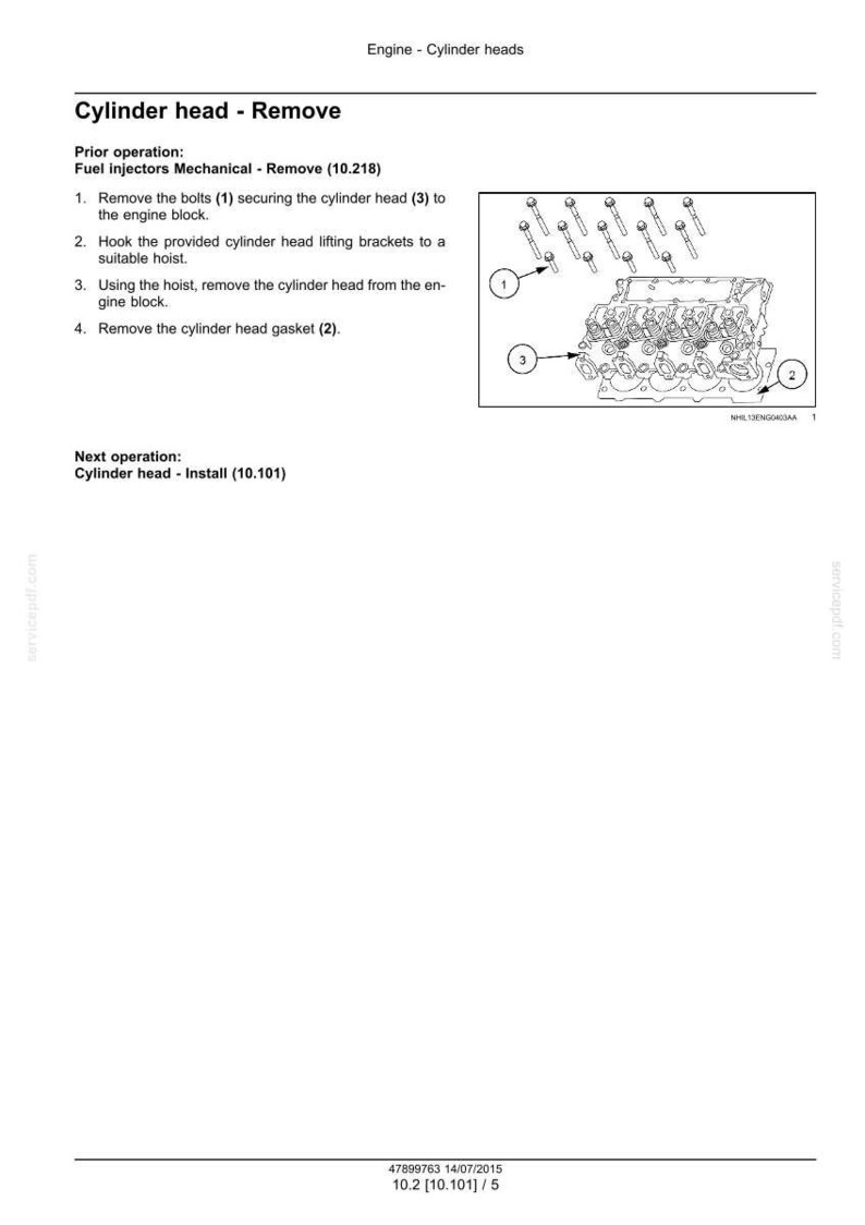 May include: Diagram of an engine cylinder head removal process. The image includes a detailed illustration of the cylinder head, bolts, and gasket, with numbered labels for each component. Text instructions accompany the diagram.