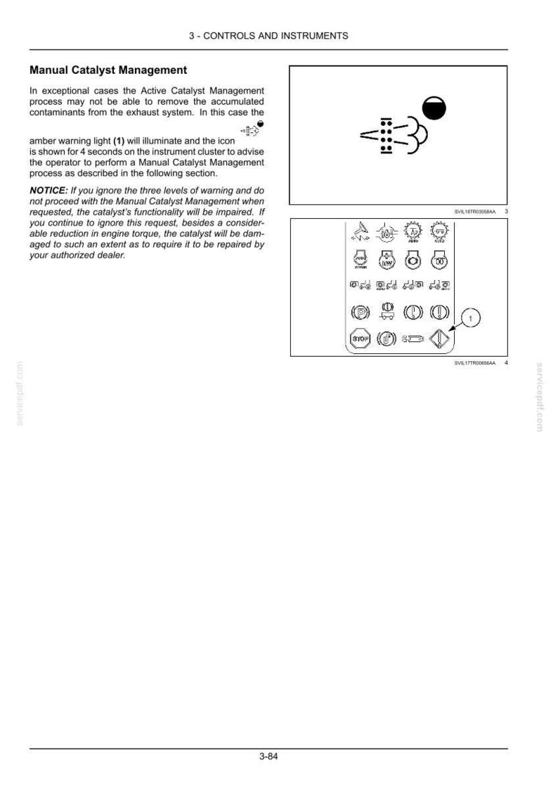 Pu&ograve; includere: Una pagina di manuale tecnico intitolata 3 - CONTROLS AND INSTRUMENTS con istruzioni per la gestione manuale del catalizzatore. Include un diagramma in bianco e nero di un'icona di scarico e una griglia con vari simboli del cruscotto.
