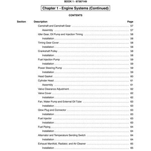 May include: A page from a manual titled "SECTION 10 - ENGINE" with a table of contents for engine systems. The table lists various engine components such as the camshaft, fuel injection pump, and cylinder head, along with their corresponding page numbers.