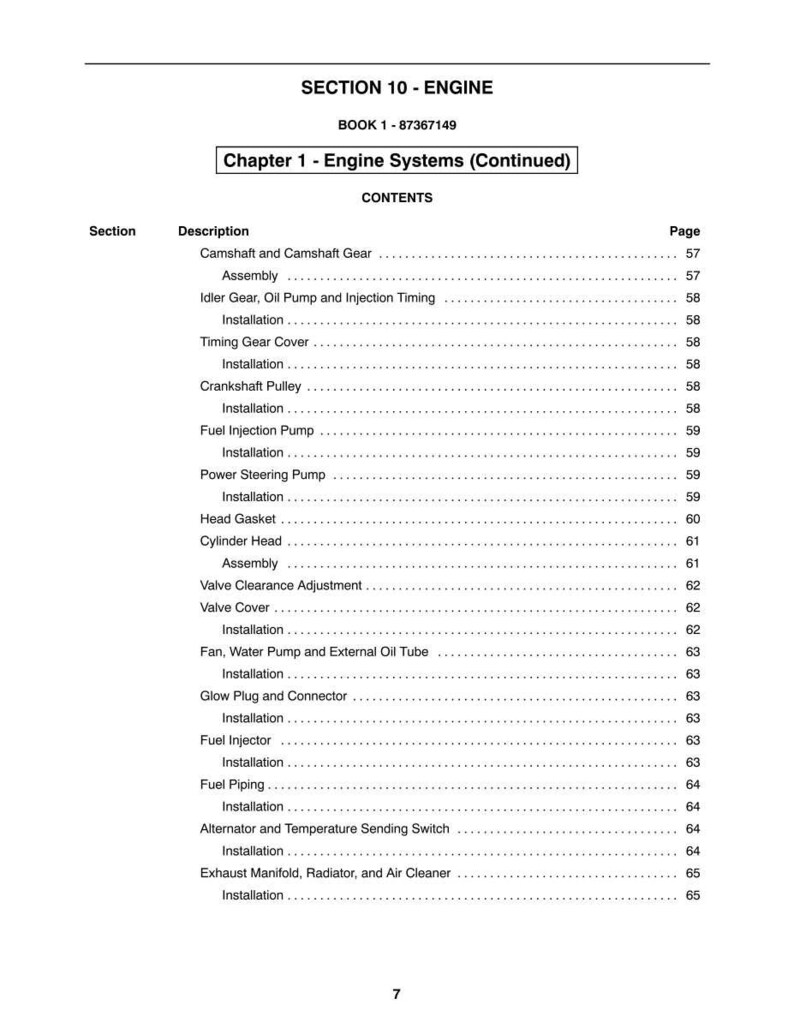 May include: A page from a manual titled "SECTION 10 - ENGINE" with a table of contents for engine systems. The table lists various engine components such as the camshaft, fuel injection pump, and cylinder head, along with their corresponding page numbers.