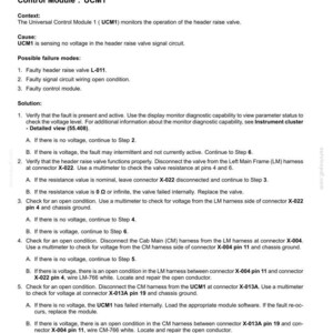 May include: A document detailing electrical system fault codes, including "E0115-05- Header Raise Valve - Line disconnected." The text provides troubleshooting steps for the Universal Control Module 1 (UCM1) and related components. Includes diagrams and technical specifications.