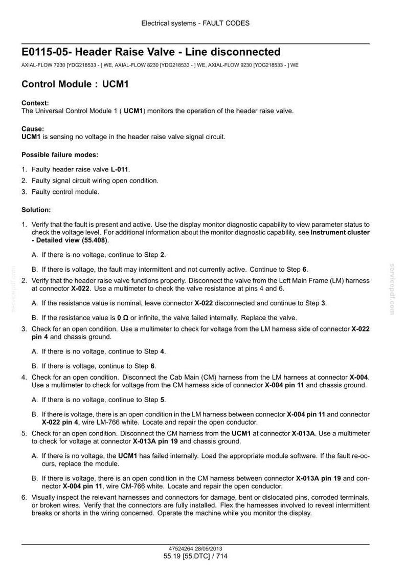 May include: A document detailing electrical system fault codes, including "E0115-05- Header Raise Valve - Line disconnected." The text provides troubleshooting steps for the Universal Control Module 1 (UCM1) and related components. Includes diagrams and technical specifications.