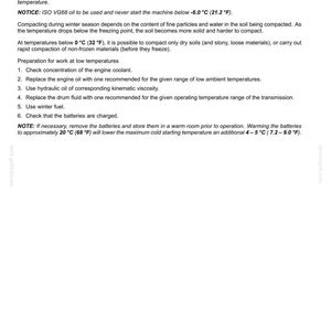 May include: A page from a manual titled "Operating the machine at low temperatures." The text includes notices about coolant, oil, and temperature ranges in Fahrenheit and Celsius. Instructions for winter operation are also provided.