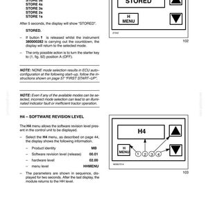 May include: Page from a manual showing diagrams of a control panel with the text "STORED" and "H MENU". Another diagram shows "H4" and "H MENU" with numbered circles. The page includes instructions and software revision details.
