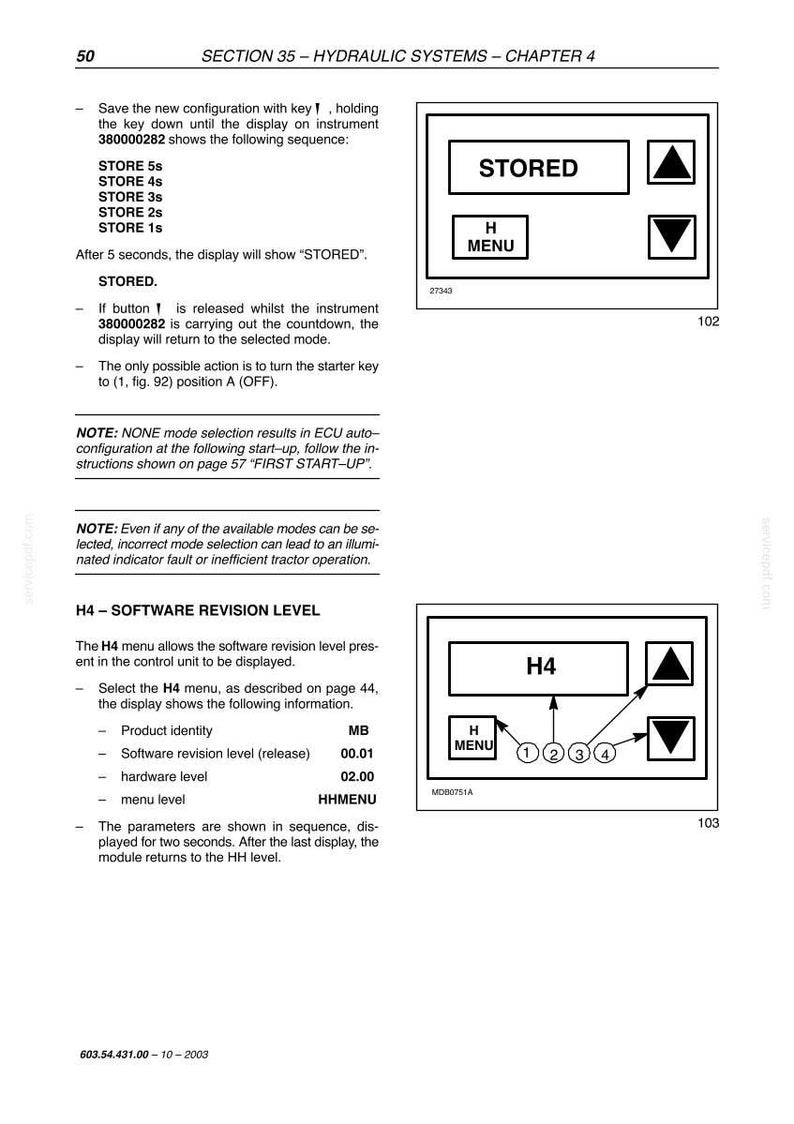 May include: Page from a manual showing diagrams of a control panel with the text "STORED" and "H MENU". Another diagram shows "H4" and "H MENU" with numbered circles. The page includes instructions and software revision details.