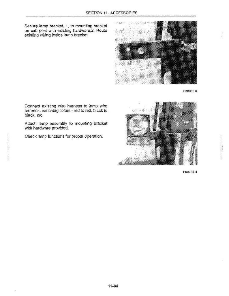 May include: A page from a manual titled "SECTION 11 - ACCESSORIES" with instructions for securing a lamp bracket. The image includes diagrams of the bracket and wiring connections, with text instructions and figures.
