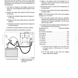 May include: A black and white diagram illustrating a capacity (load) test for a battery. The image includes a battery, a load control knob, an ammeter clamp, and instructions for the test. Text includes temperature and voltage readings.