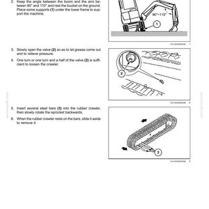 May include: Diagram illustrating the removal of a rubber track from a machine. The steps include lowering the bucket, opening a valve, and inserting steel bars. The image includes text and numbered labels for each step.