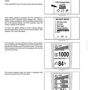 May include: A technical manual page titled 6-WORKING OPERATIONS featuring four black and white diagrams of a digital tractor display screen. The screens show menus for PTO engage rate, ICU data order, contrast, backlight, and various RPM and hitch position data.