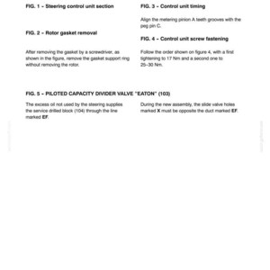 May include: A white technical diagram with black text detailing hydraulic system components. The diagram includes figures for steering control, rotor gasket removal, and control unit timing. Measurements are in Nm.