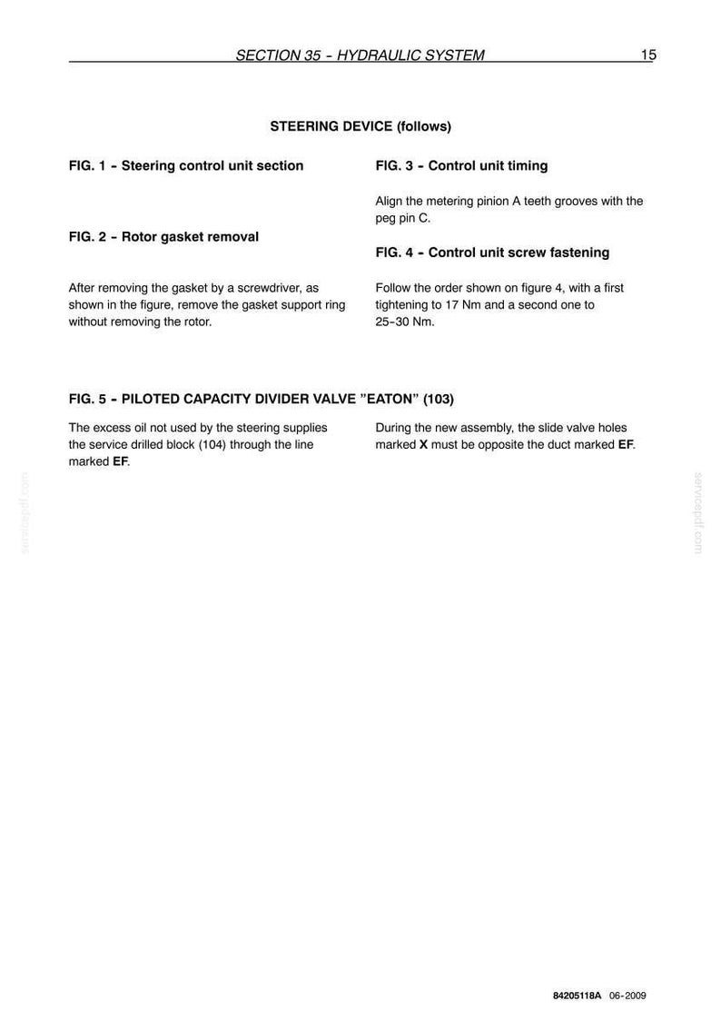 May include: A white technical diagram with black text detailing hydraulic system components. The diagram includes figures for steering control, rotor gasket removal, and control unit timing. Measurements are in Nm.