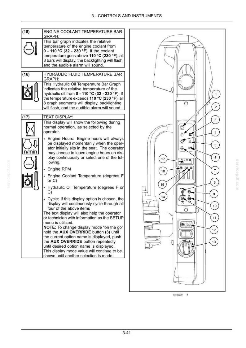 May include: Control panel with multiple buttons and a display screen. The panel includes indicators for engine coolant temperature, hydraulic fluid temperature, and text display. The panel also has a series of numbered buttons and a dial.