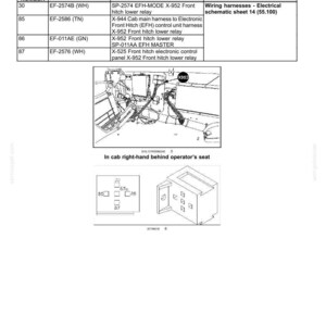Op de afbeelding: Een technische documentpagina getiteld Connector X-952 Front hitch lower relay. Het bevat een tabel met pinnummers, draadnummers, circuitreferenties en schemaframes, naast een lijntekening van de connectorlocatie en bedrading.