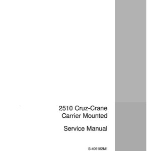 Op de afbeelding: Een witte servicehandleiding met de titel "2510 Cruz-Crane Carrier Mounted" met de tekst "Service Manual" eronder. De handleiding heeft een grijze verticale streep aan de rechterkant met het CASE-logo onderaan.